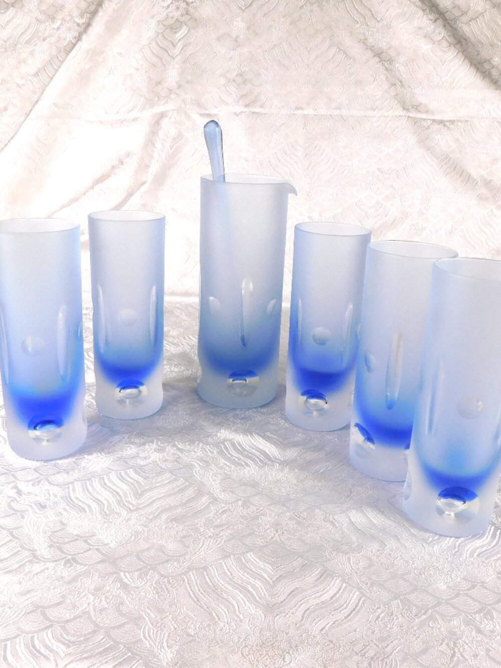 Blue Cut to Clear Bar Ware Set with Serving Pitcher and Five Glasses # 25316
